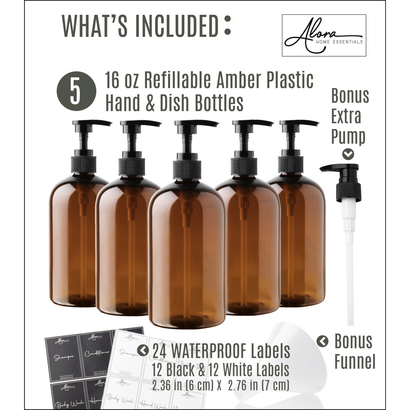 Amber 16oz Refillable Soap Dispenser Set with Labels