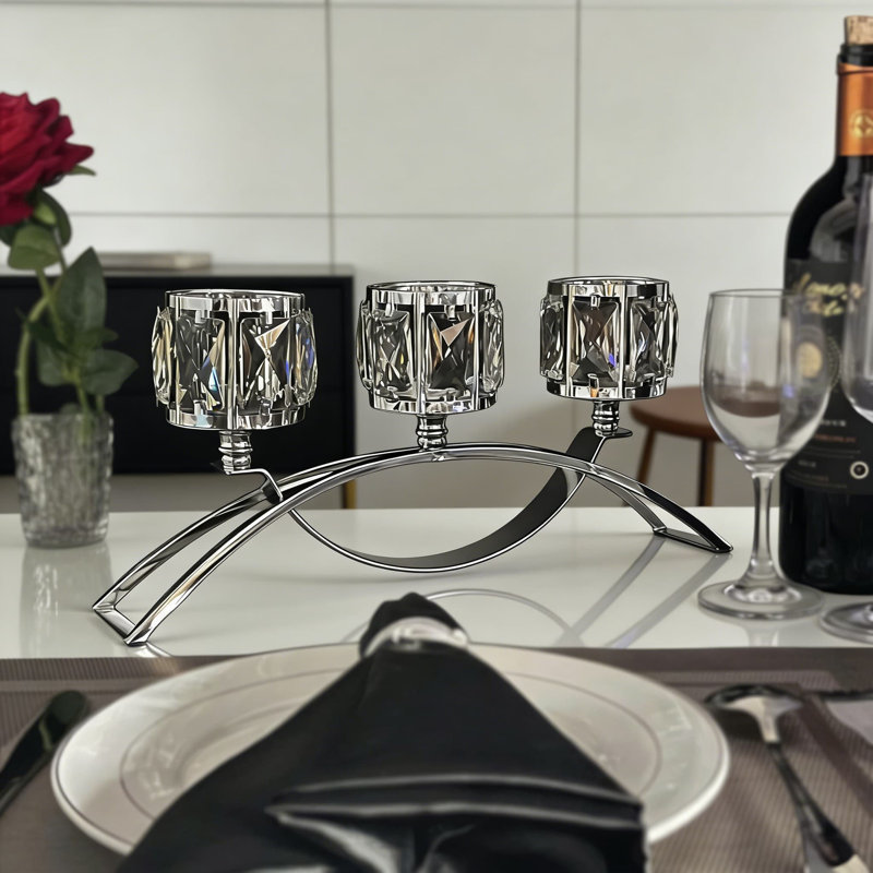 3-Arm Crystal Candelabra Centerpiece With Arch Design - Elegant Metal And K9 Crystal Candle Holder For Wedding, Dining Table, And Home Decor