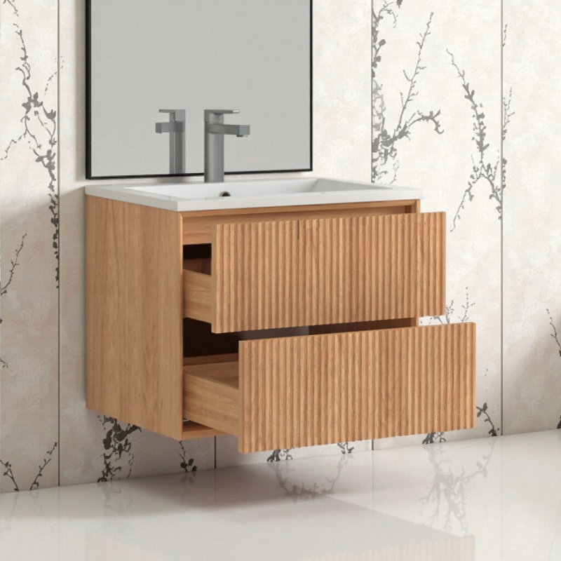 Floating Bathroom Vanity Set with Push-Open Drawers & Integrated Basin – Space-Saving Wall-Mounted Design, Easy Install