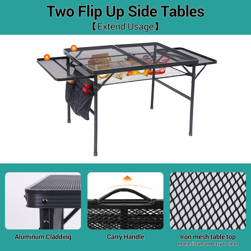 Table de barbecue pliante pour l'extérieur, hauteur / largeur réglable, filet en filet et poignée de transport pour camping et hayons