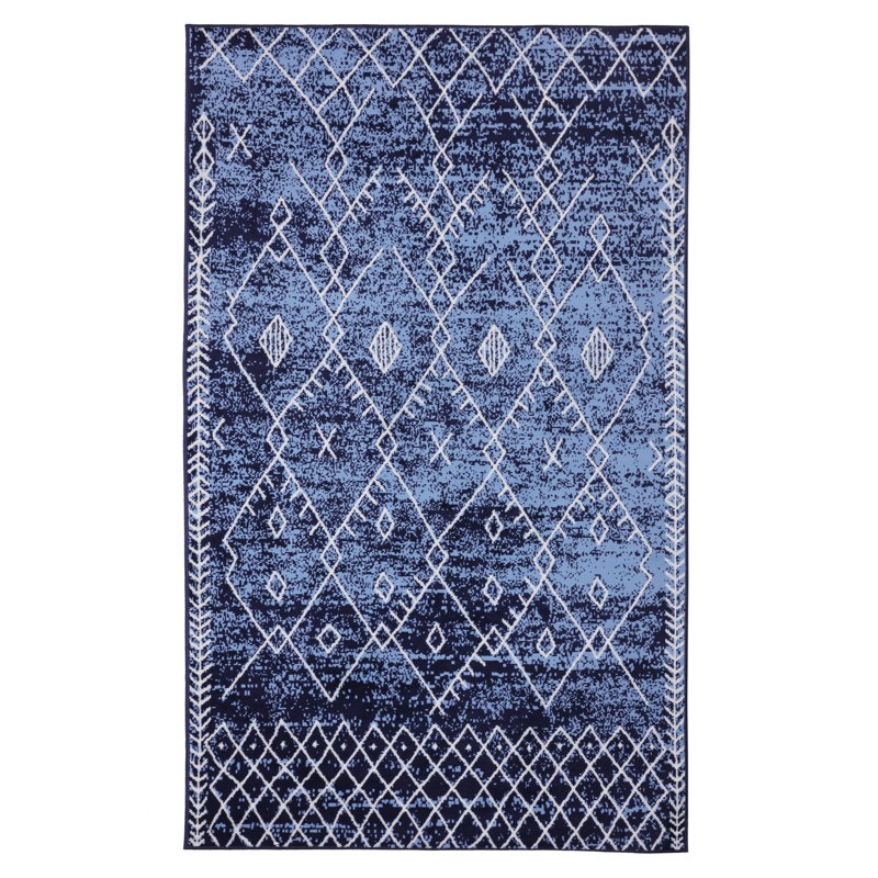 Tapis géométrique bleu, Rectangle 7 pi 8 po x 11 pi