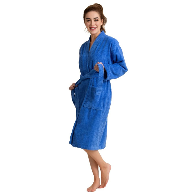 Blue Cotton Terry Cloth Mid-Calf Bathrobe with Pockets