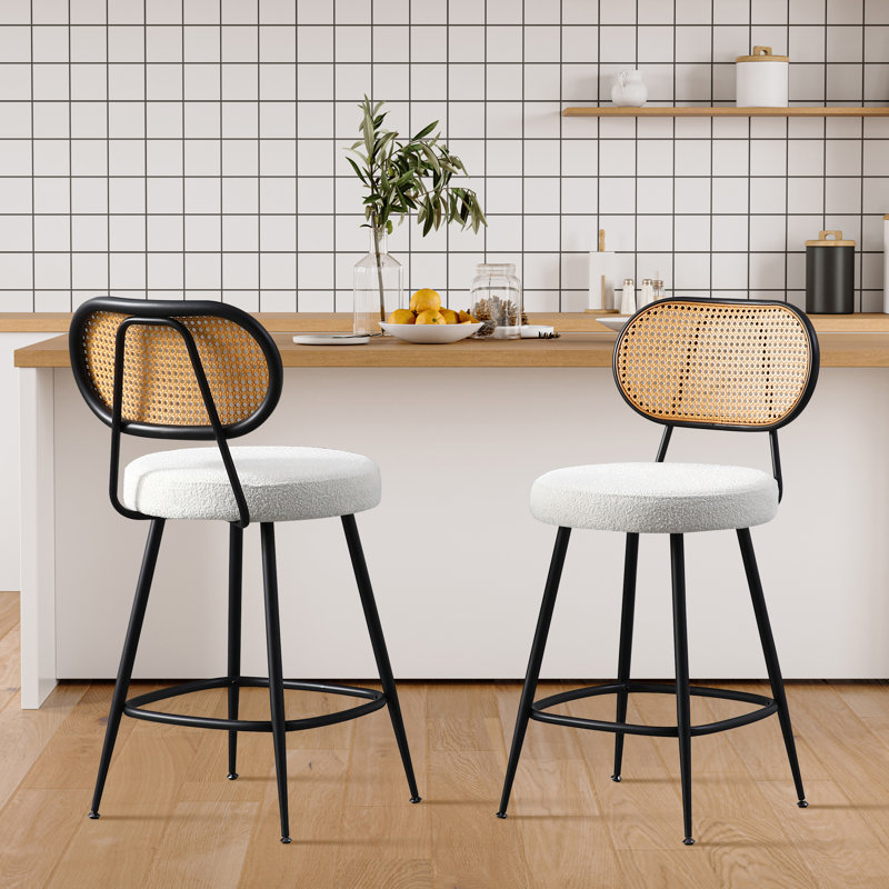 Tabouret de comptoir avec dossier en rotin, Beige, 2