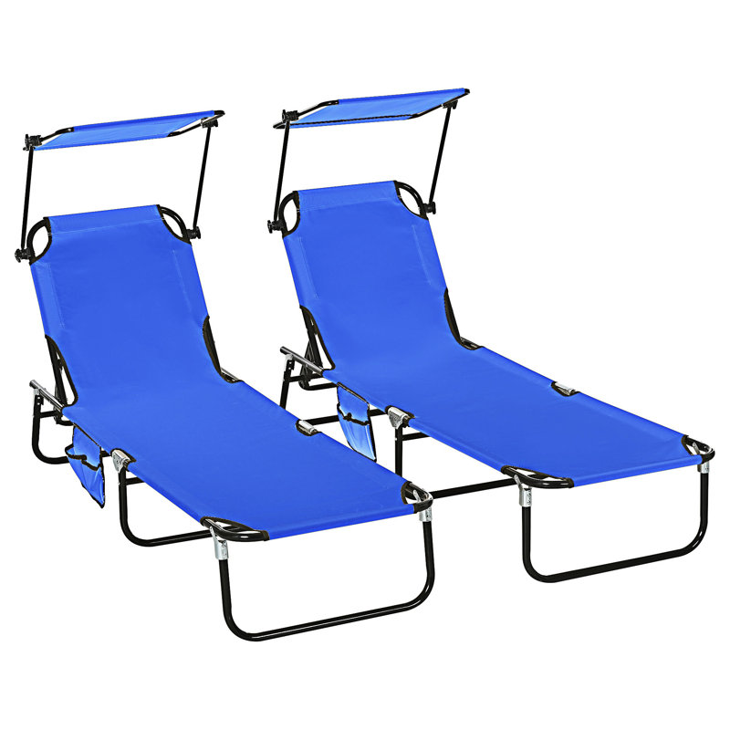 Outdoor Folding Chaise Lounge Pool Chairs Tanning Chairs With Canopy Shade, Blue
