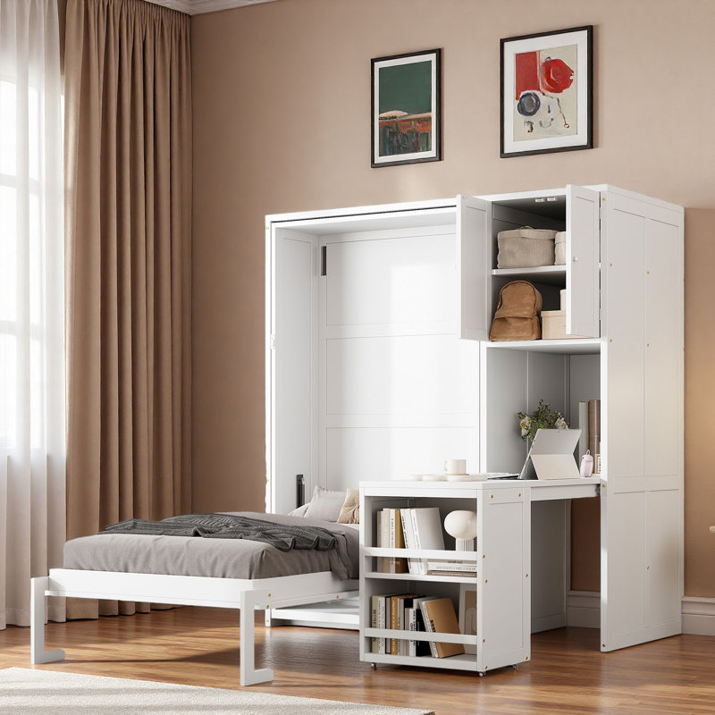 Lit escamotable avec armoire supérieure, bureau extensible et bibliothèques ouvertes, Blanc