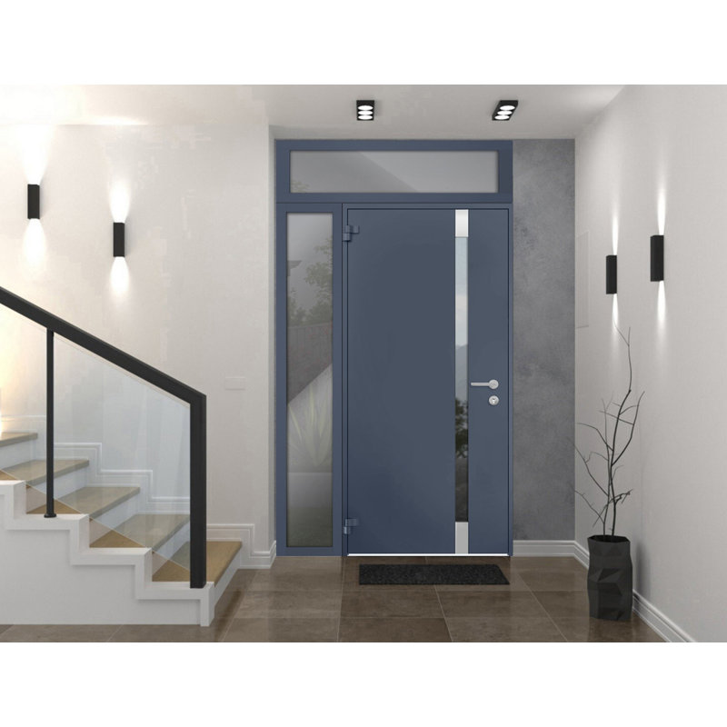 Porte d'entrée extérieure prémontée en acier Cynex 6777, grise, avec fenêtres latérales et supérieures, inserts en acier inoxydable, style moderne, peinte, dimensions : L 91,4 cm + 30,5 cm x H 203,2 cm + 40,6 cm, ouverture à droite vers l'extérieur.