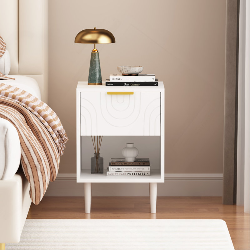 22.83" H Modern White Nightstand With One Drawer And Open Shelf, Gold - Accented Handle, Ideal