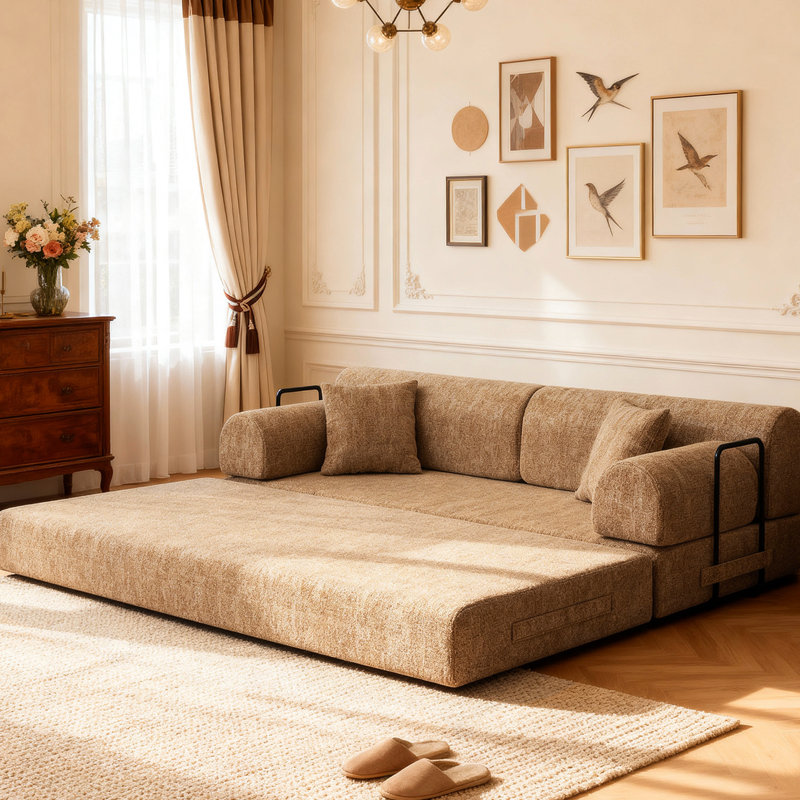 Canapé-lit multifonctionnel 4 en 1 convertible, de couleur ocre, avec 3 places en boudoir, idéal pour le salon et la chambre. Revêtement en boudoir bouclé, mousse haute résilience, aucun montage requis. Disponible en 30D.