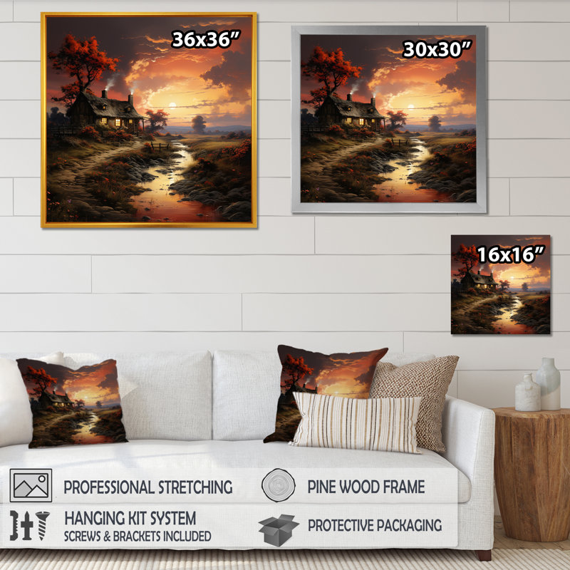Cottage Sunset Sanctuary 1 - paysage, art mural sur toile, Cadre simple noir, H 36 po x l 36 po x P 1,5 po