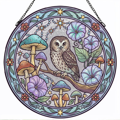 Owl Mushroom Stained Glass Window Panel，12"H