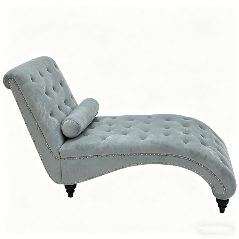 Méridienne Mid-Century moderne en velours avec garniture cloutée et pieds en bois massif, Bleu clair