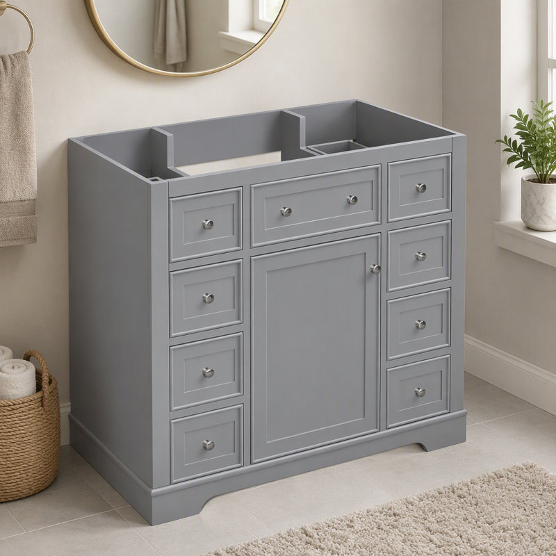 Meuble-lavabo 36 po sans lavabo, base d'armoire seulement, une armoire et six tiroirs, gris, Grey
