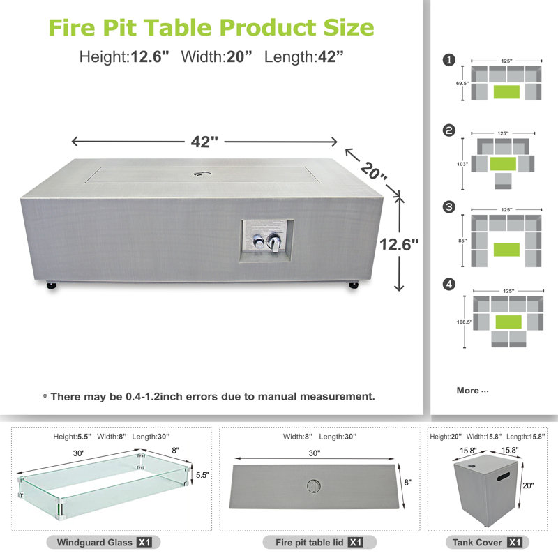 Table de foyer rectangulaire au propane en métal 12,6 po x l 42 po avec lumière dorée pour patio et cour arrière, 50 000 BTU, armoire de rangement à réservoir séparé, pare-vent et housse imperméable imperméable