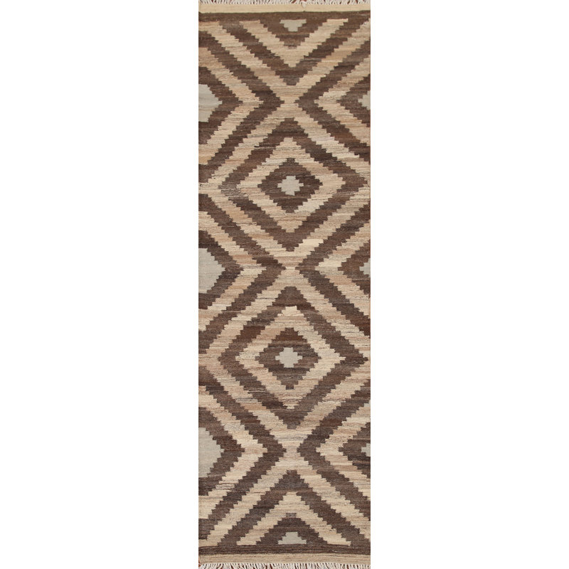 Geometric Kilim Reversible Wool Runner Rug 3x10