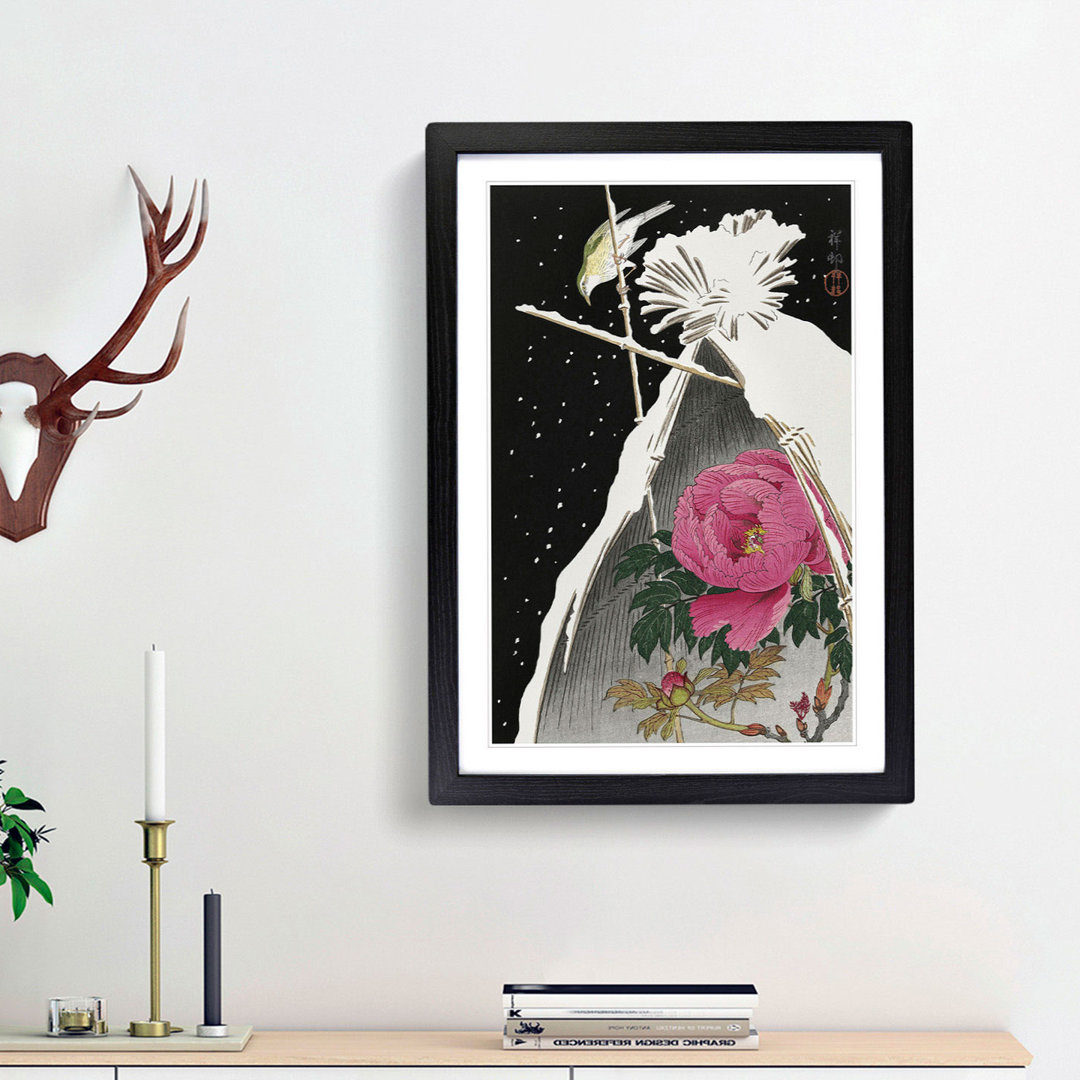 Siberian Bluechat Bird and Pink Peony by Ohara Koson - Picture Frame Painting Print