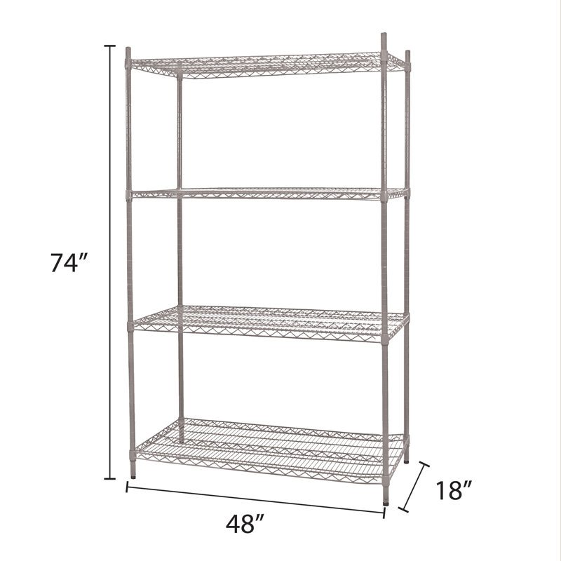 Tablettes en fil avec 4 couches avec poteau, Chrome, H 74 po x l 48 po x P 18,62 po