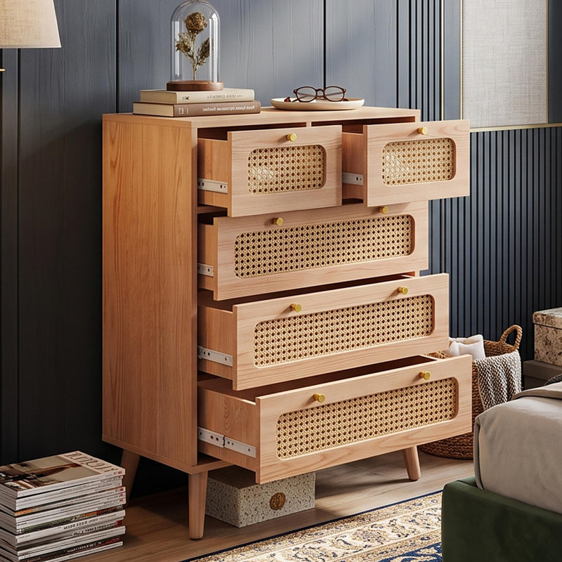 Natural Cane Storage Dressers Solid Wood Chest of Drawers, 5 Drawers (60 x 34 x 91 cm)