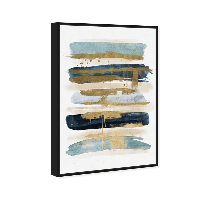 «Abstract Ocean Line» bleu / or / beige - impression sur toile, H 30 po x l 20 po, Cadre flottant noir
