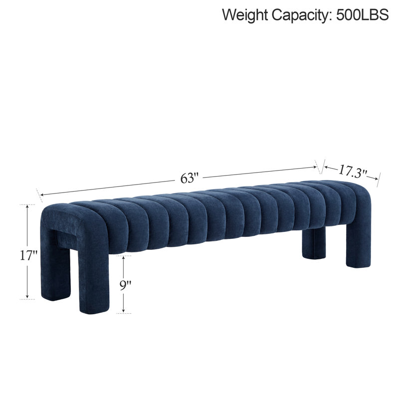 Banc rembourré sans dossier Oyan, H 17 po x l 63 po x P 17,3 po, Chenille bleu