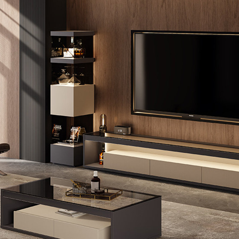 Armoire d'angle 15,75 po de style italien minimaliste gris mat, porte en verre trempé avec éclairage DEL, buffet intégré et vitrine à vin