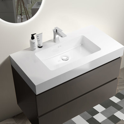 Meuble-lavabo de 36 po avec lavabo - expérience murale moderne grise, rehausseur de rangement à double tiroir, machines silencieuses, rangement élégant à poignée chic, glissières et design