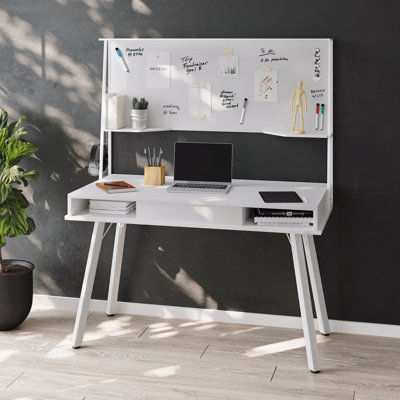 Study Computer Desk With Storage & Magnetic Dry Erase White Board, White