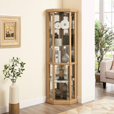 Corner Glass Display Cabinet - Lighted, Oak, Adjustable Shelves, Stylish Wine With Lighted Interior 150Lb Capacity,