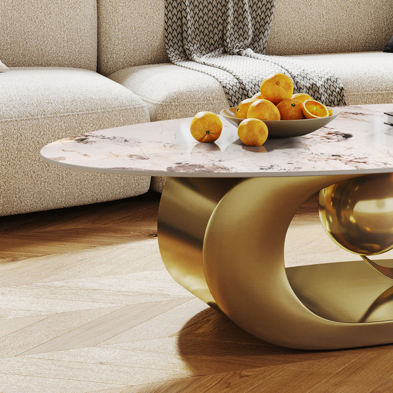 Carnet 49.2" Gold Oval Marble Coffee Table With Stainless Steel Base, Modern Coffee Table for Living Room, Gold