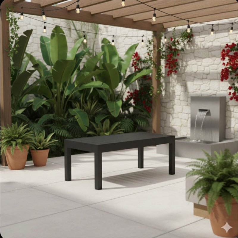 45" All-Weather Aluminum Outdoor Coffee Table/ Slatted Black Patio Side Table