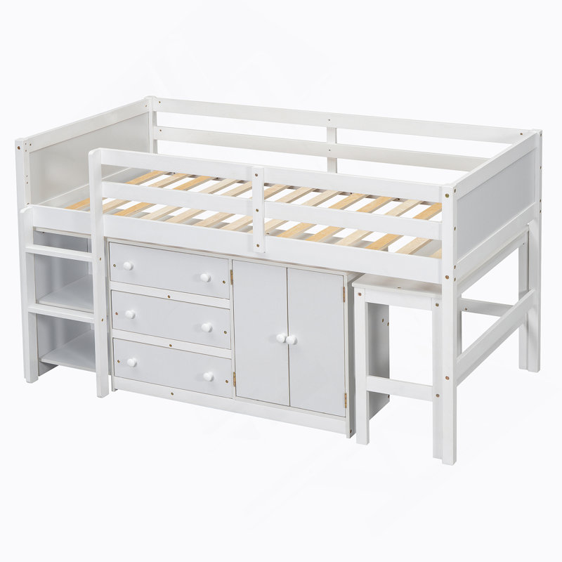 Low Loft Bed With Pull-Out Deskdrawerscabinetand Shelves, White