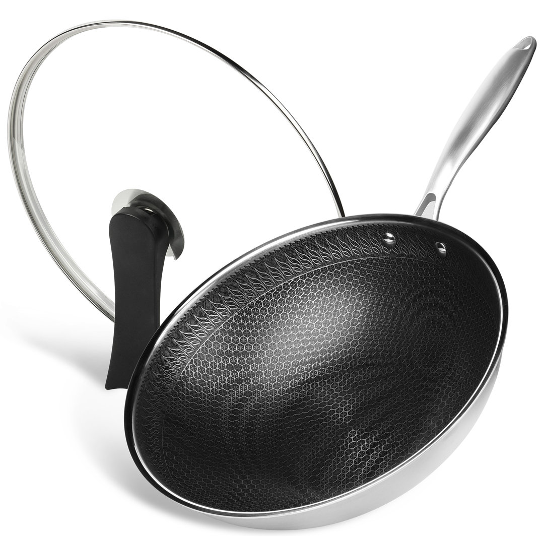 Caannasweis 12" Wok Pan Stainless Steel Stir-fry Wok with Lid Non Stick Skillet w/ Stay-cool Handle caannasweis