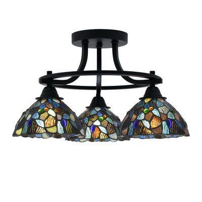 Paramount 3 Light Semi-Flush Shown In Matte Black Finish With 7" Blue Mosaic Art Glass