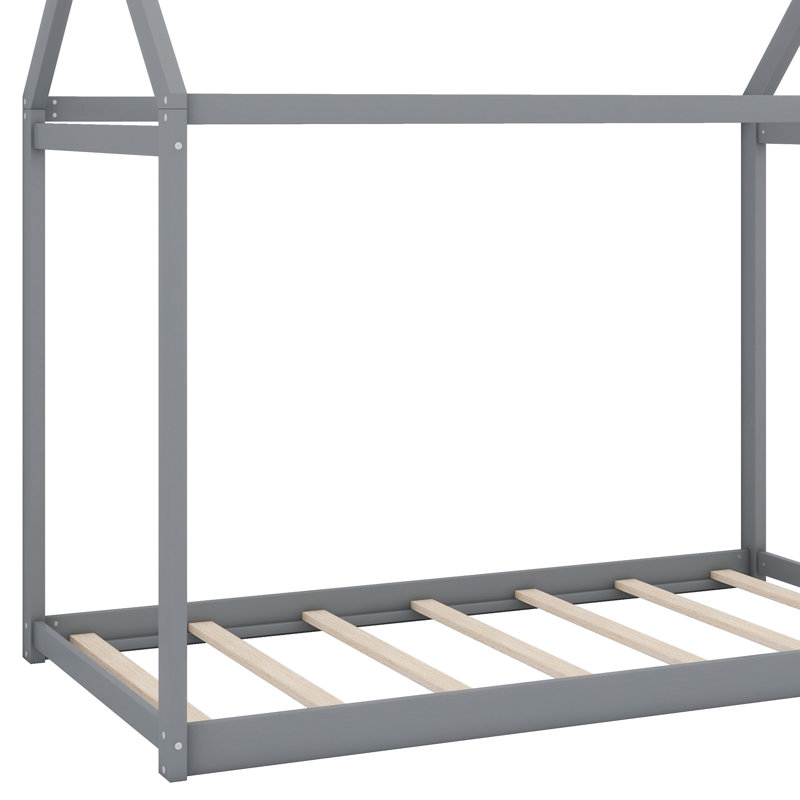 Lit en bois massif en forme de maison avec lattes de soutien, Gris