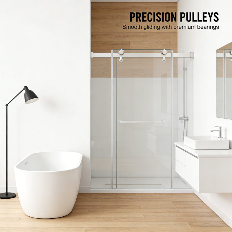 56"-60"W x 76"H Frameless Shower Door, Double Sliding Shower Door, 3/8'' (10mm) Clear Tempered Glass Shower Enclosure with Square Rail,Double Side Easy Clean Coat,Matte Black Finished With Buffer