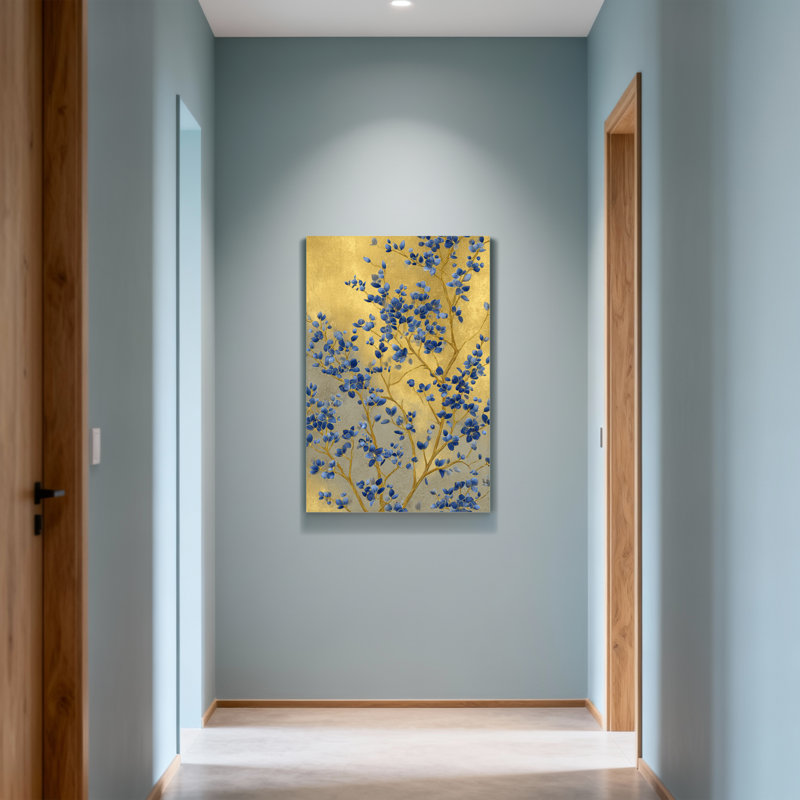 Plantes et fleurs, fleurs bleues sur fond doré, H 12 po x l 18 po