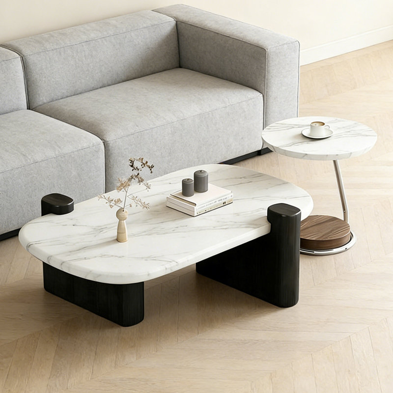 Luxury Minimalist Marble Coffee Table, White/Grey, 15.7" H x 43.3" L x 27.2" W