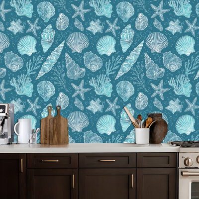 Papier peint autocollant coquillage étoile de mer corail turquoise bleu dessiné à la main papier de contact nautique amovible auto-adhésif mural pour armoires de cuisine de chambre à coucher 17,7 po x 118 po