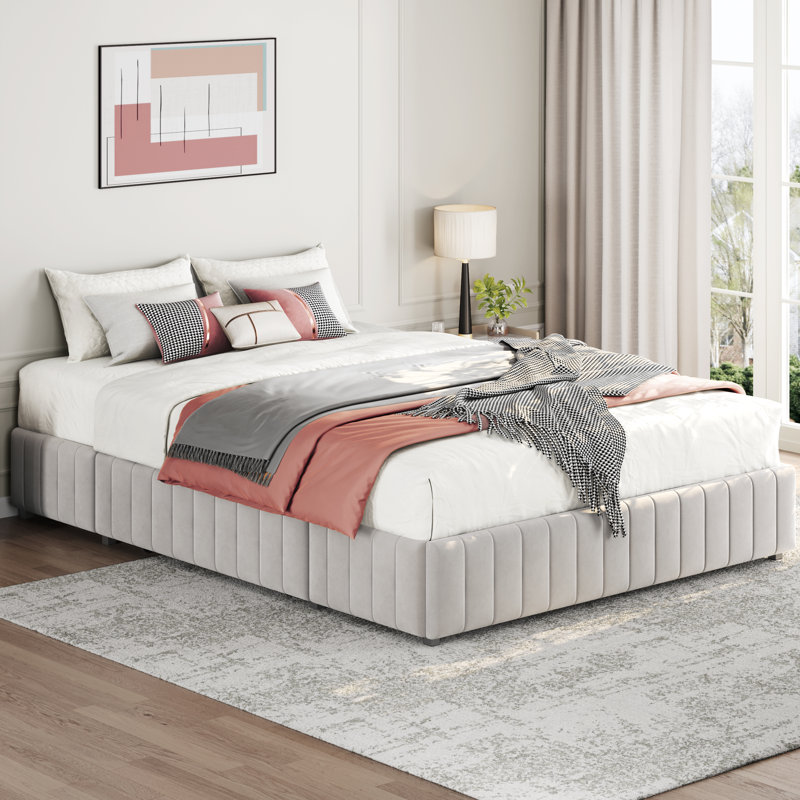Lit plateforme tapissier avec rangement Argjirulla, Complète, Beige