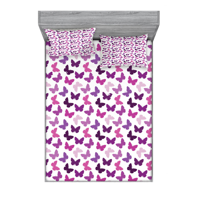 Queen White and Purple Butterfly Microfiber Sheet Set