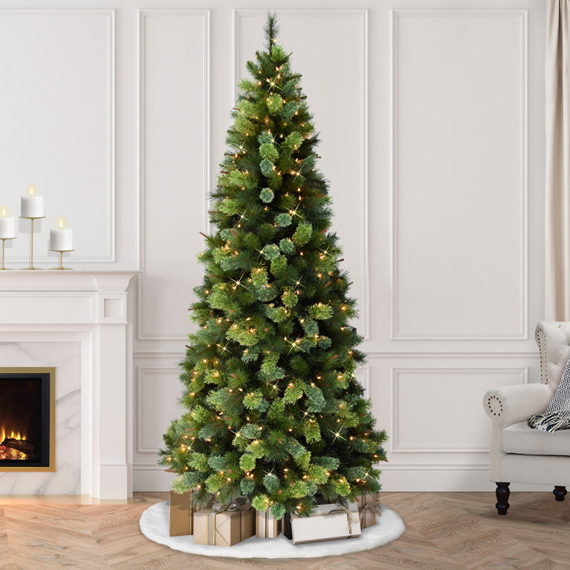 Slim Portland Pine Green Pine Artificial Christmas Tree with Clear/White Lights, 7.5' H