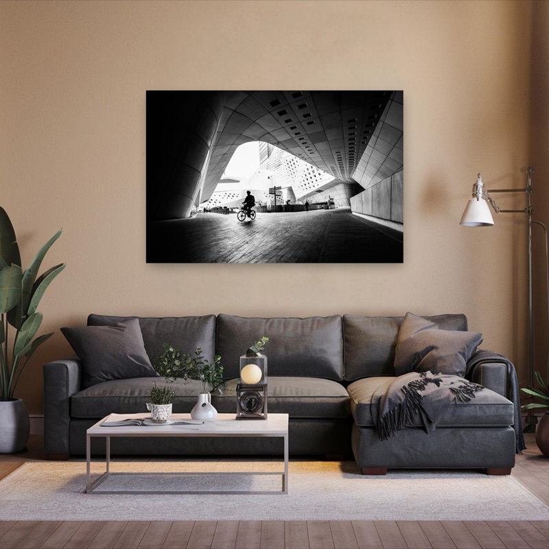 Geometric City Cyclist Abstract Dramatic Geometric Architecture City Wall Art Print, 40" H x 60" W