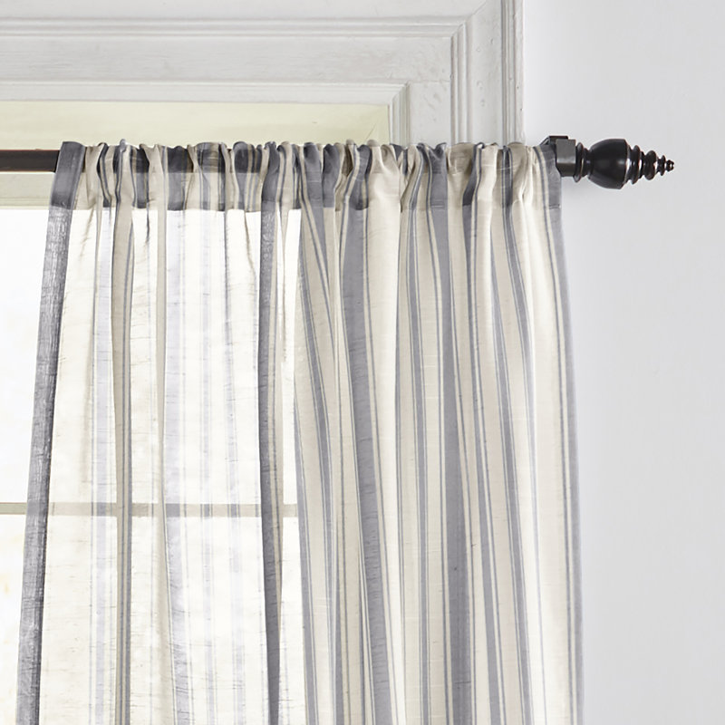 Gray Sheer Striped Cotton Linen Rod Pocket Curtain Panel