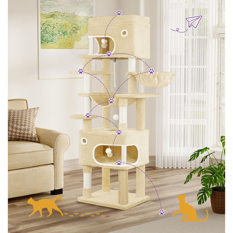 Poteau à griffes pour chat, arbre à chat 70,1 po multicouche avec grande plateforme, 2 grottes, 7 poteaux en sisal, pompons, panier à chat, hamac, convient aux chats, beige