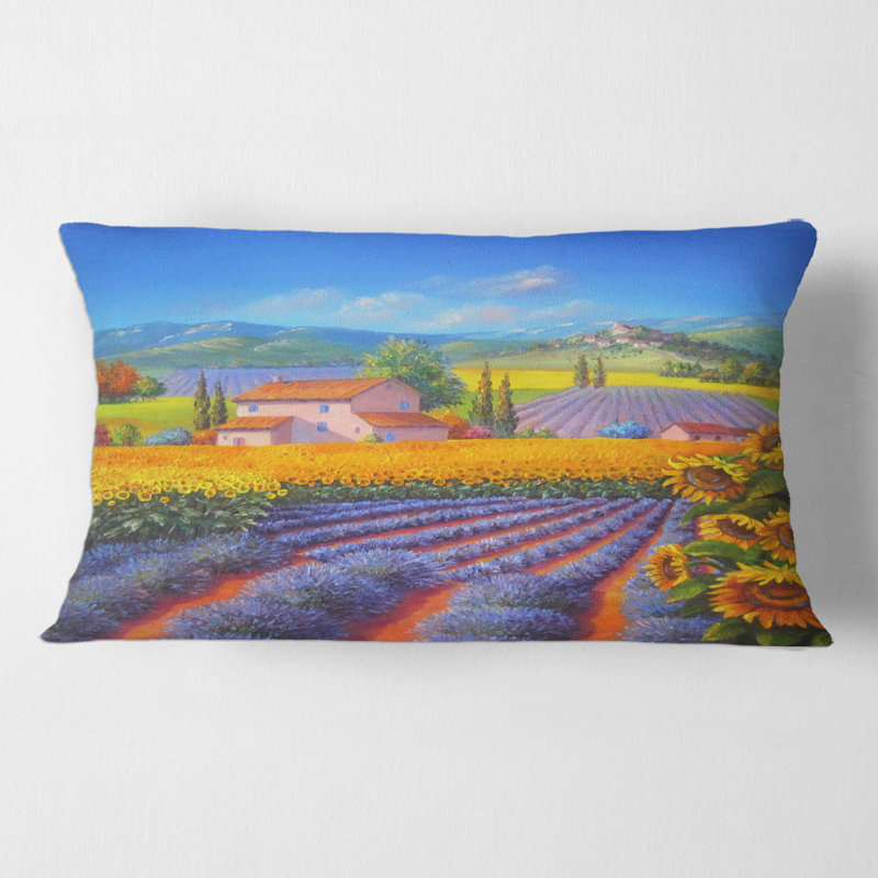 Housse et insert de coussin rectangulaire lavande et champ de tournesols