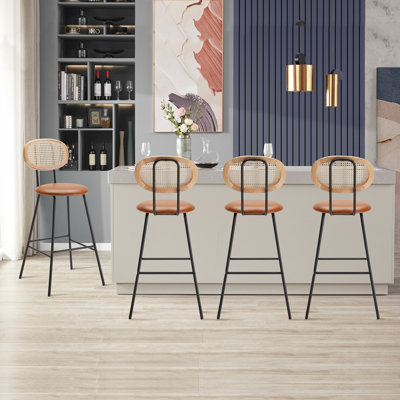 Tabourets de bar modernes en similicuir, dossier en rotin, structure en métal pour les repas à la maison