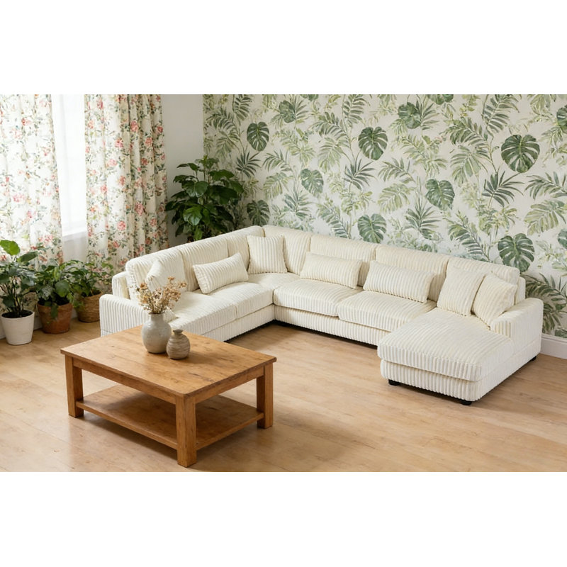 129" Oversized Sectional Sofa U-shaped Sofa Couch, Beige Corduroy