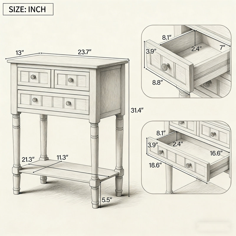 Slim Narrow Console Table With Storage – 3 Drawers For Living Room, 31.1" H x 23.7" W x 13" D, Navy