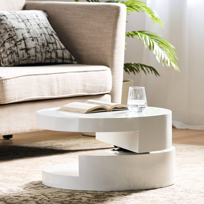 Petite table basse rotative contemporaine avec compartiment de rangement caché, finition blanche lustrée, 23,62 po x 23,62 po x 12,99 po, espace rotatif moderne