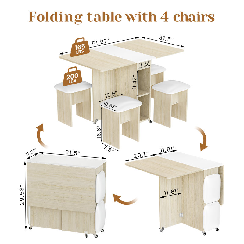 Drop Leaf Dining Table,Folding Dining Table With 6 Wheels And Four Leather Stools,Space Saving Dining Table And Chairs For Dining Room, Kitchen
