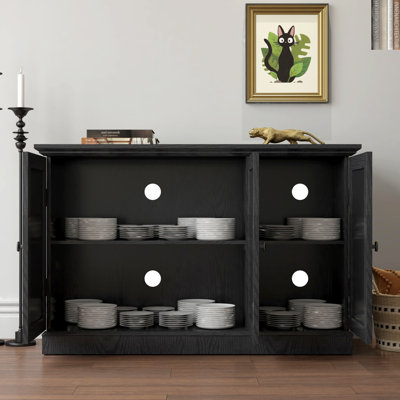 Buffet de 45 po de largeur, armoire en MDF avec 3 portes en miroir en acrylique et tablettes réglables, armoire résistante aux rayures et à l'eau pour le salon, la salle à manger et la cuisine, noir
